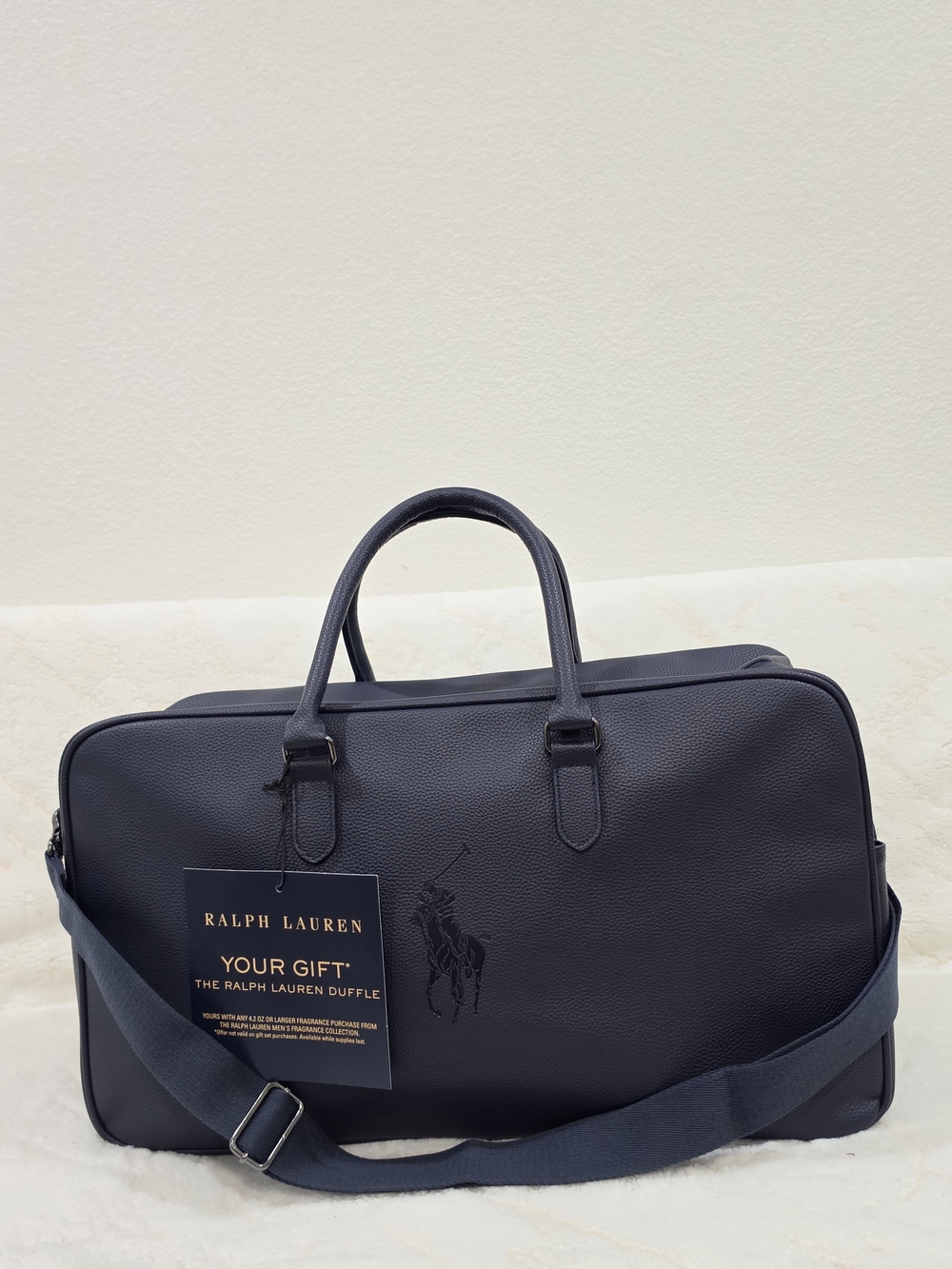 Ralph Lauren Navy Pebbled Leather Duffel Bag with Strap